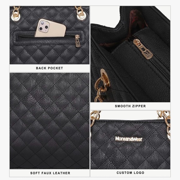 Montana West Quilted Black Tote with Gold Chain - Picture 4 of 5